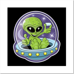 Illustration of a cute alien holding candy in a flying saucer Posters and Art